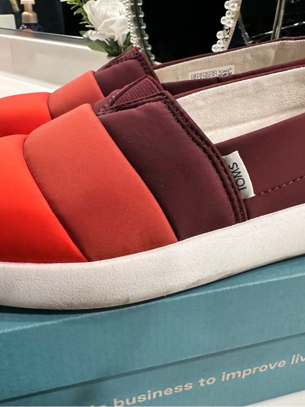 TOMS Women’s Quilted Slip-On Moccasins — Burgundy, Orange, Red & Pink - Picture 6 of 6